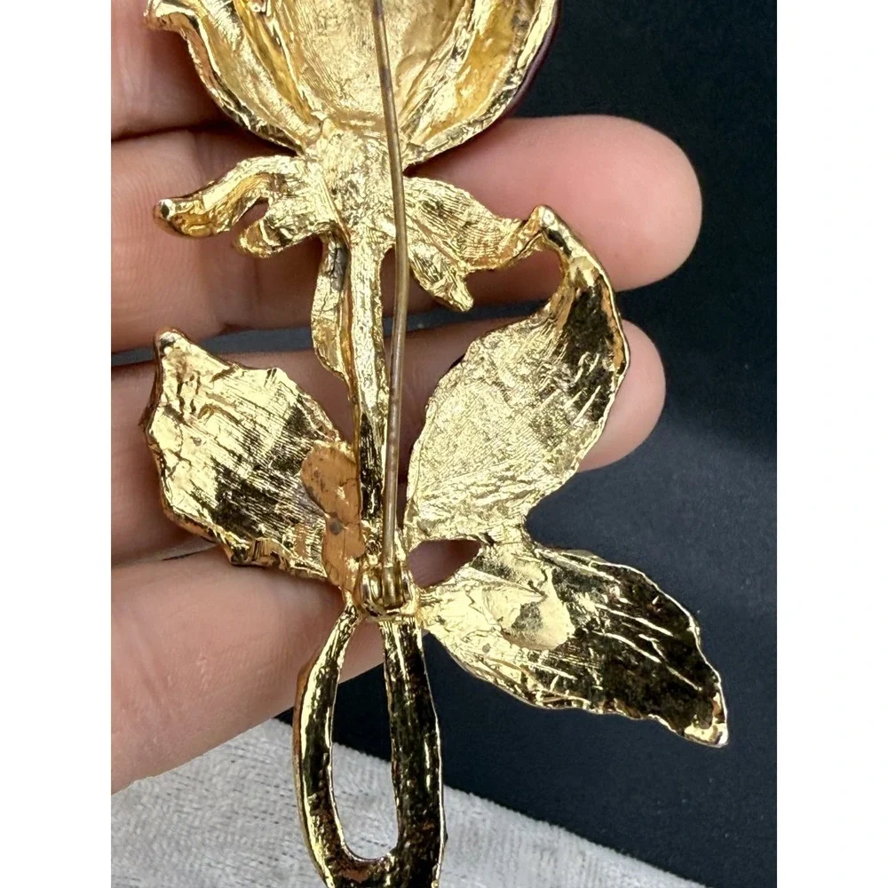 Vintage Rose Brooch Enamel Red Flower‎ Green Leaves Gold Tone Large
